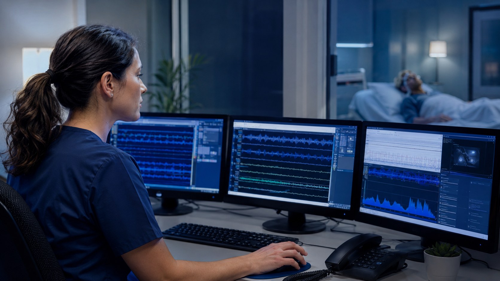 Sleep technologist monitoring polysomnography signals in a modern sleep laboratory