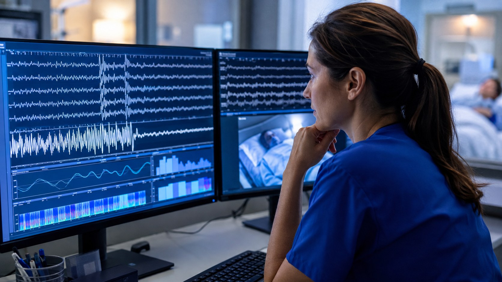 Sleep technologist reviewing polysomnography data for sleep study scoring